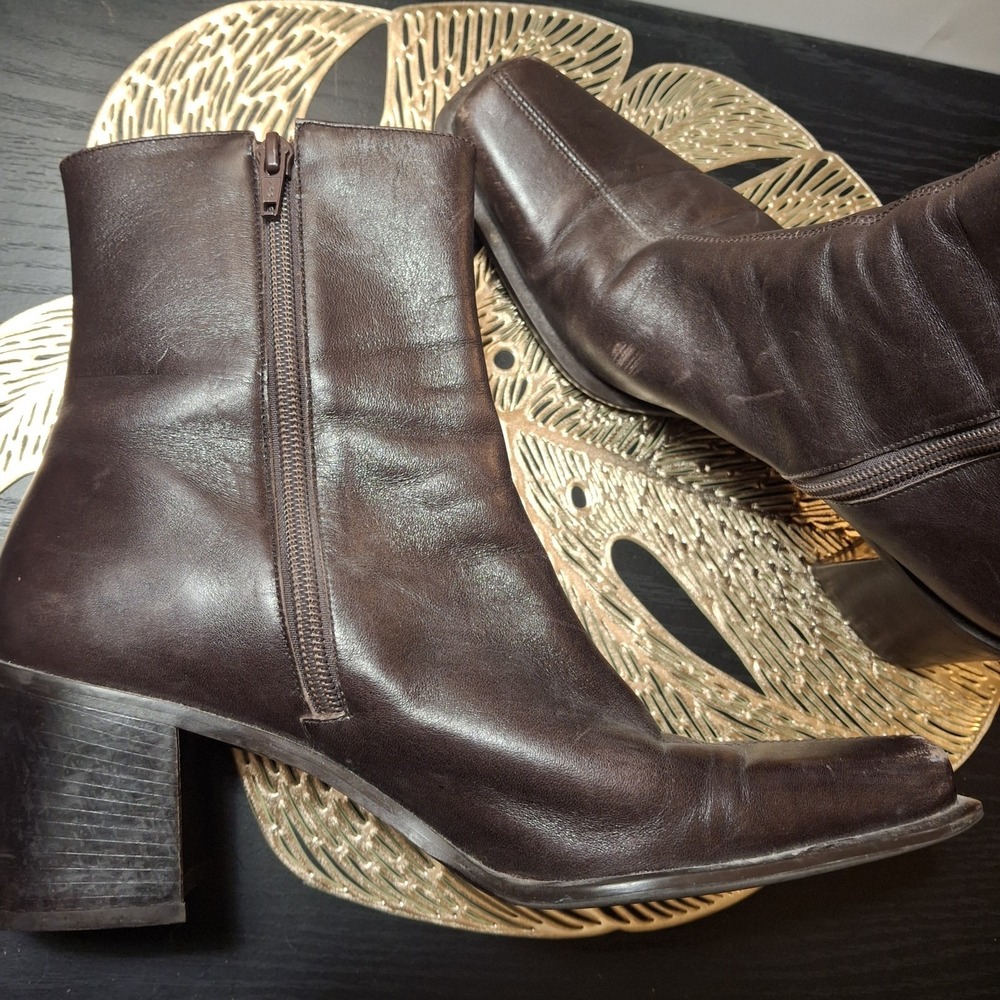 Y2K Vintage Luxury Arturo Chiang Block Heel Square Toe Brown Leather Boots 8.5